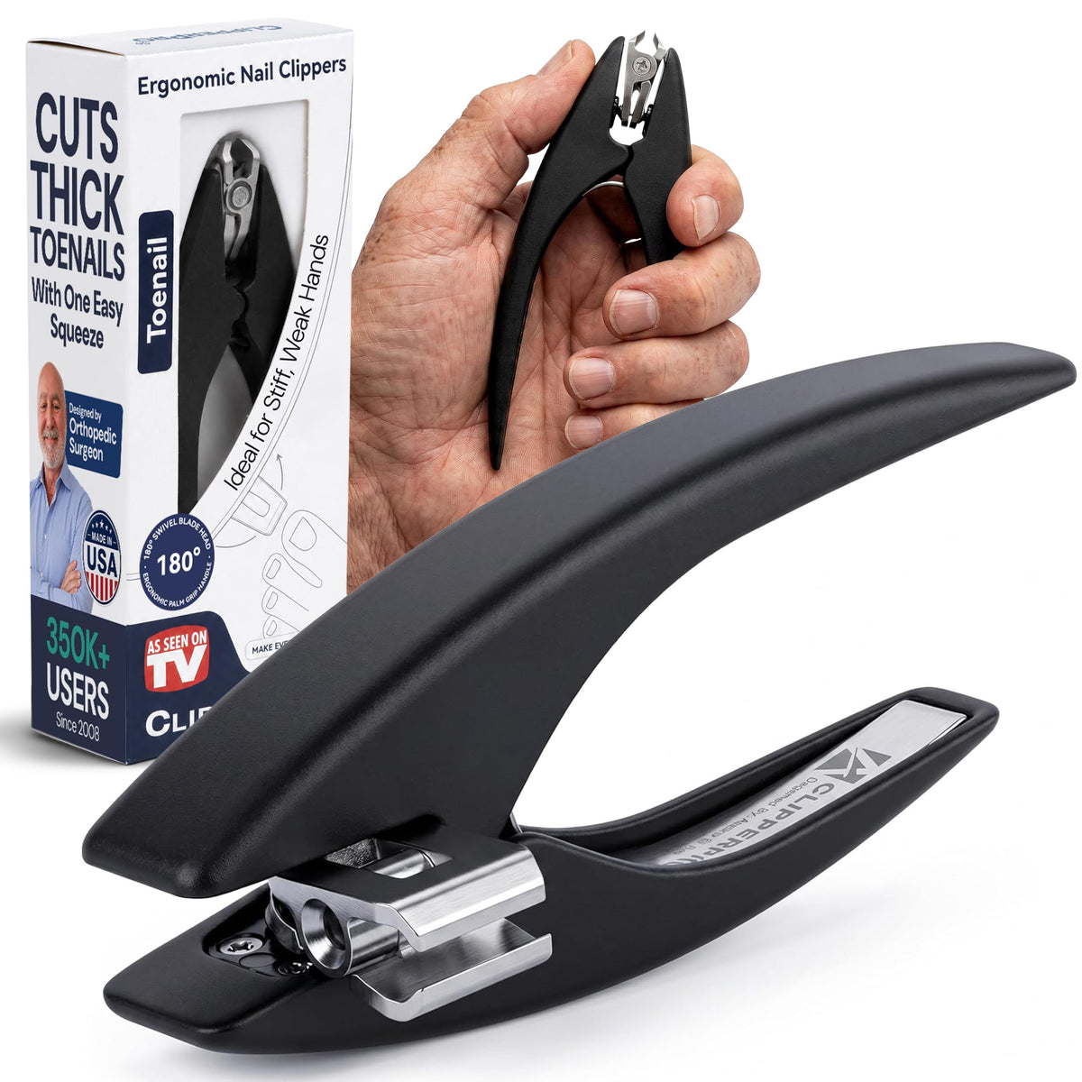 Prime Thick Toenail Clippers, 180° Swivel, Stainless Steel Palm Grip