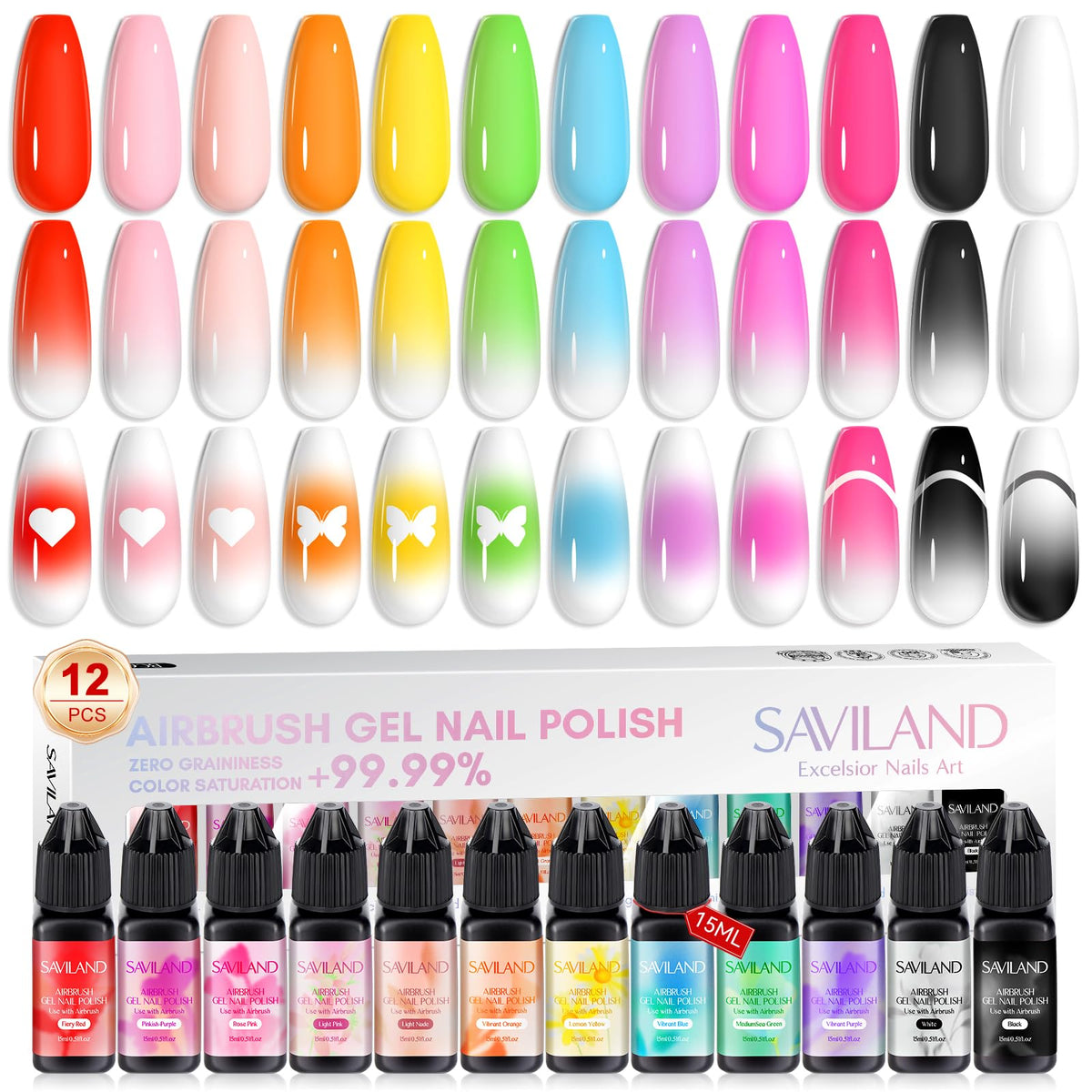 SAVILAND HEMA-Free Airbrush Gel Nail Polish Set, 12 Colors, No Dilution