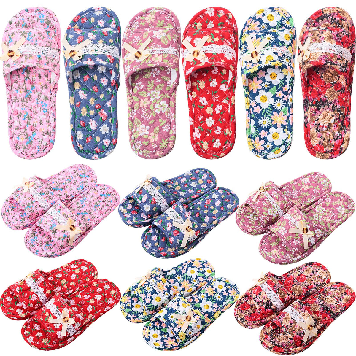 6 Pairs Floral Cotton Open Toe House Slippers for Women, Washable Travel Slippers