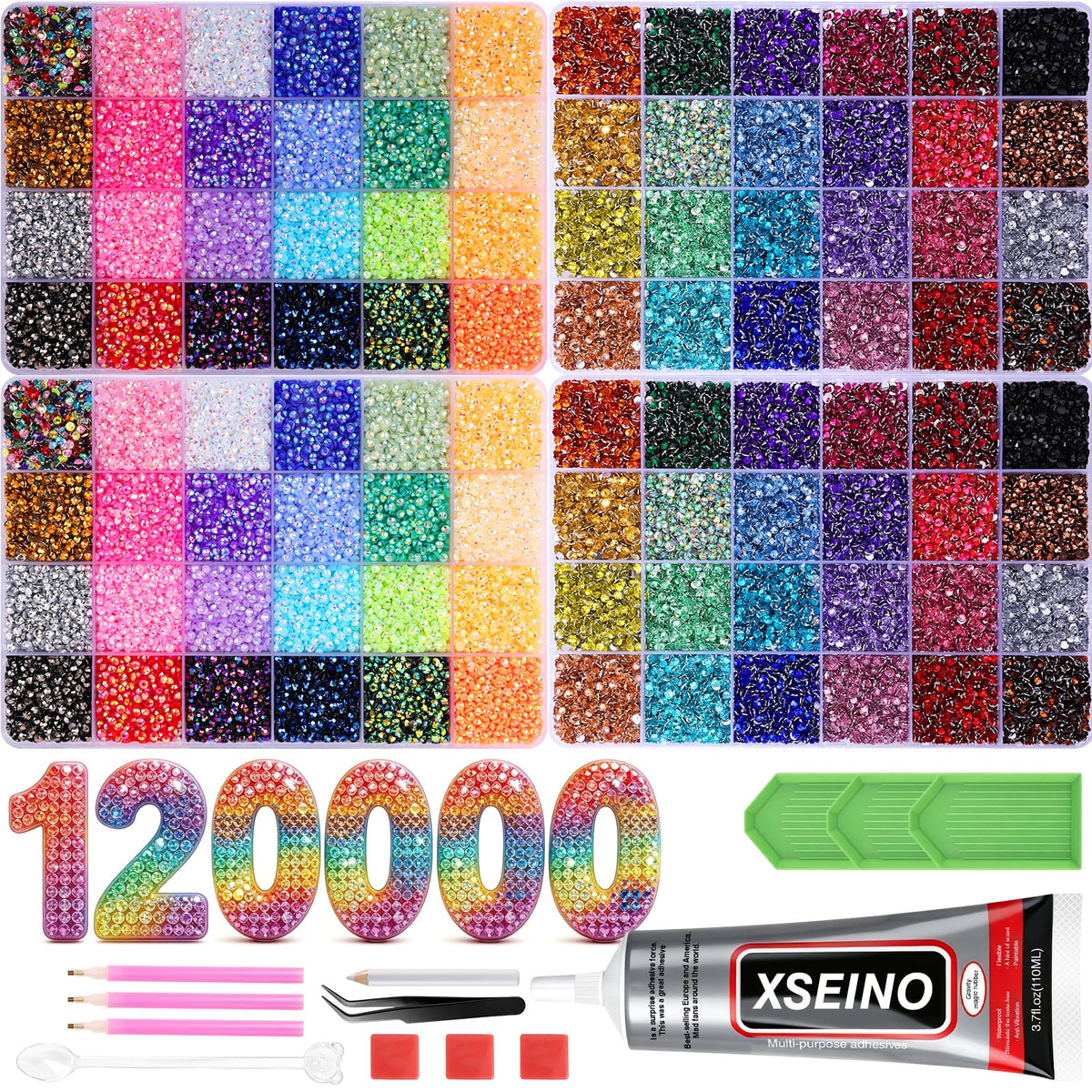 XSEINO 120,000-Piece Resin Rhinestone Bedazzling Kit, 48 Colors, Glue & Tools