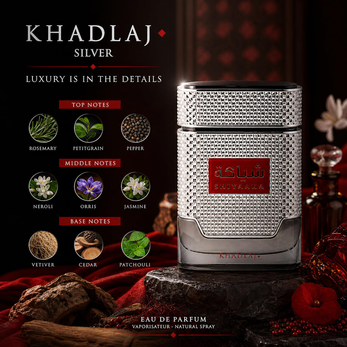 Khadlaj Shiyaaka Silver Eau de Parfum Spray for Men, 3.4 Fl Oz