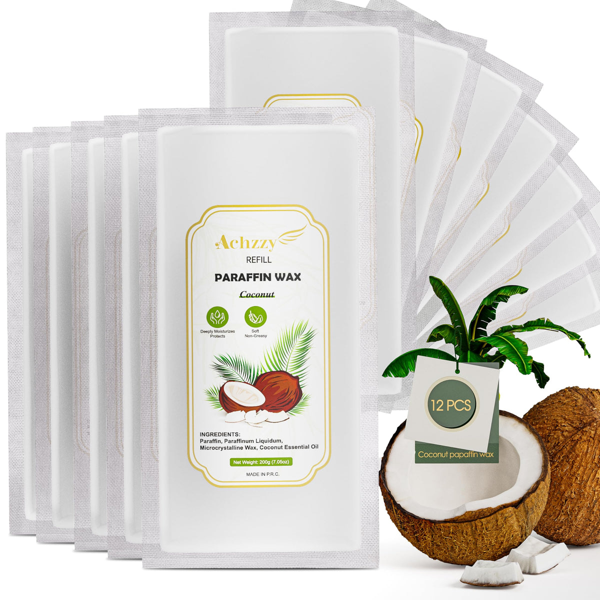 Achzzy Natural Coconut Paraffin Wax Refills for Hands and Feet, 12-Pack