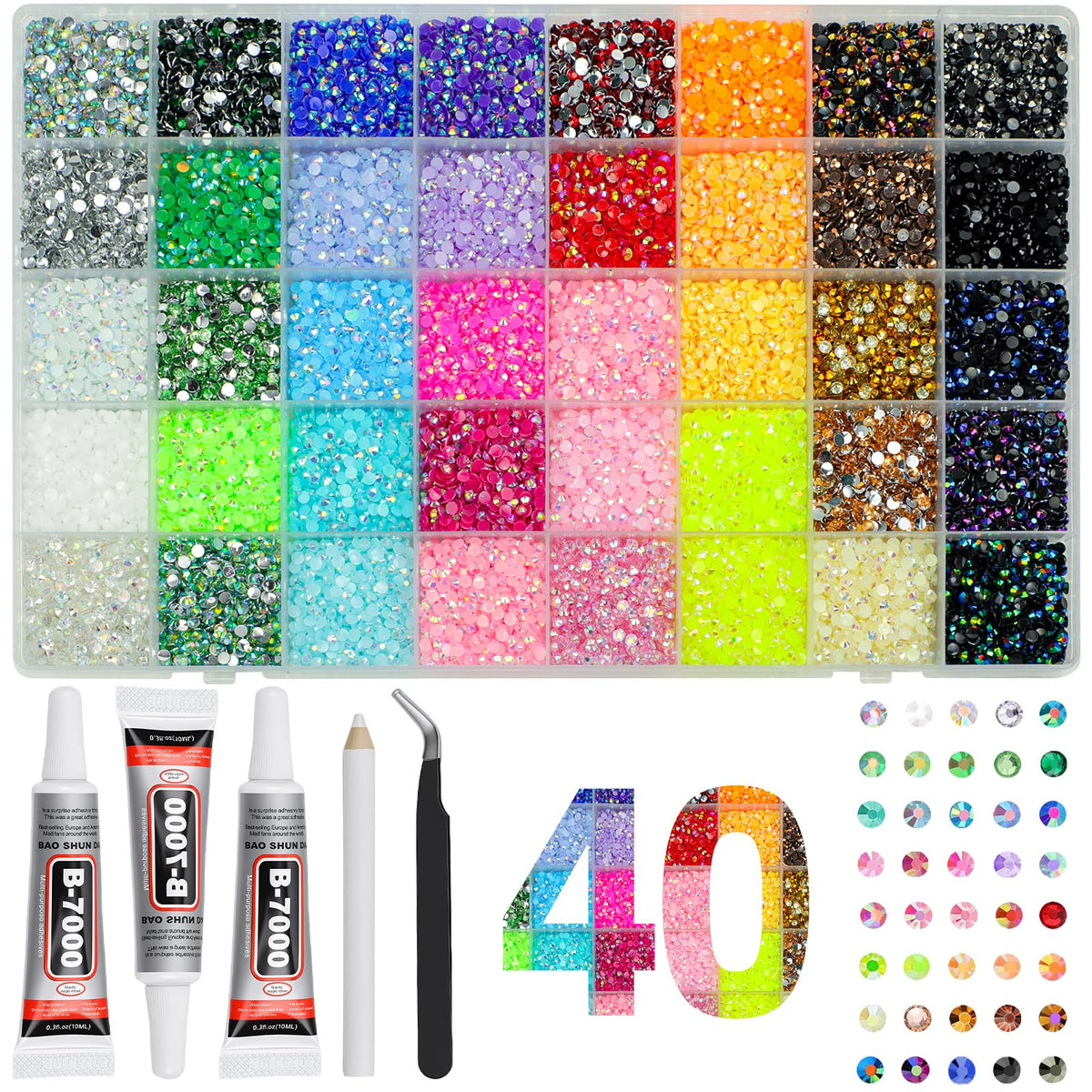 Bedazzling Kit with 40,000 3mm Resin Rhinestones, 40 Colors & B7000 Glue
